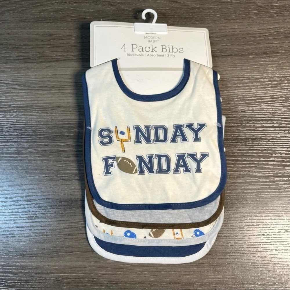 Modern Baby 4 Pack Reversible Football Bibs Sunday Funday Blue White Grey NEW